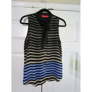 Elle Womens Button Up Blouse Size S Blue Black Striped Sleeveless